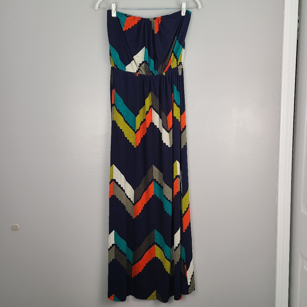 Strapless Navy Chevron Maxi Dress with Multi-Color Accents